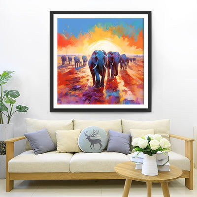Groupe d'elephants au Lever du Soleil Broderie Diamant