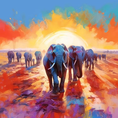Groupe d'elephants au Lever du Soleil Broderie Diamant