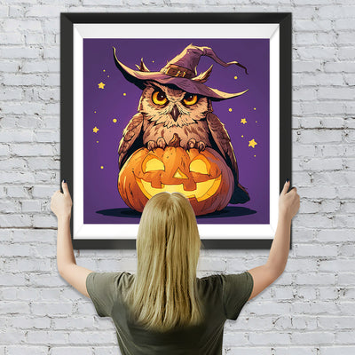 Hibou d'Hallween Avec Un Chapeau sur La Citrouille Broderie Diamant