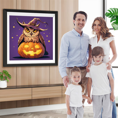 Hibou d'Hallween Avec Un Chapeau sur La Citrouille Broderie Diamant