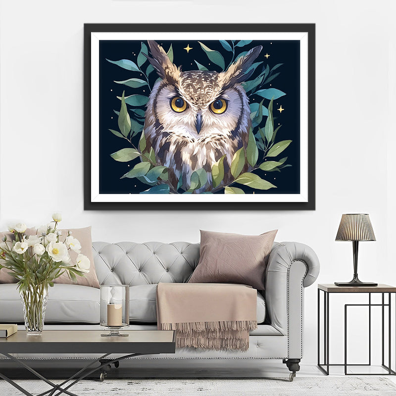 Hibou parmi les Feuilles Vertes Broderie Diamant