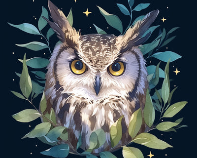 Hibou parmi les Feuilles Vertes Broderie Diamant