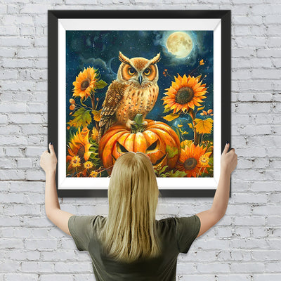 Hibou, Tournesols et Citrouille d'Halloween Broderie Diamant