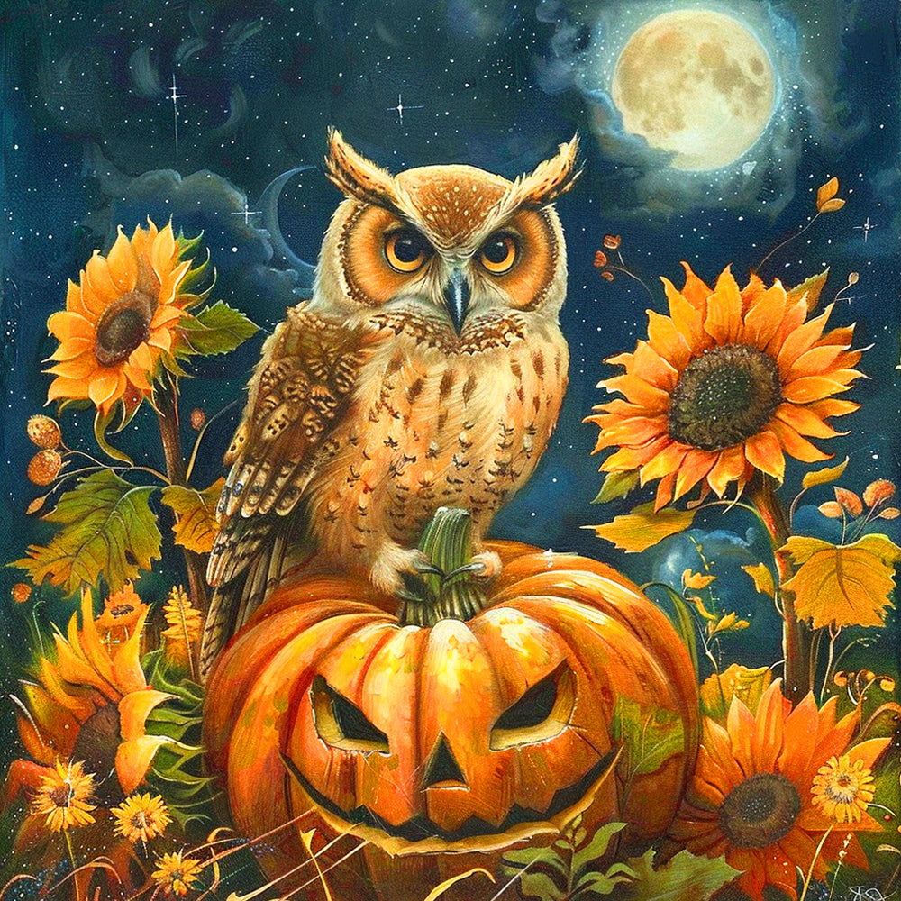 Hibou, Tournesols et Citrouille d'Halloween Broderie Diamant