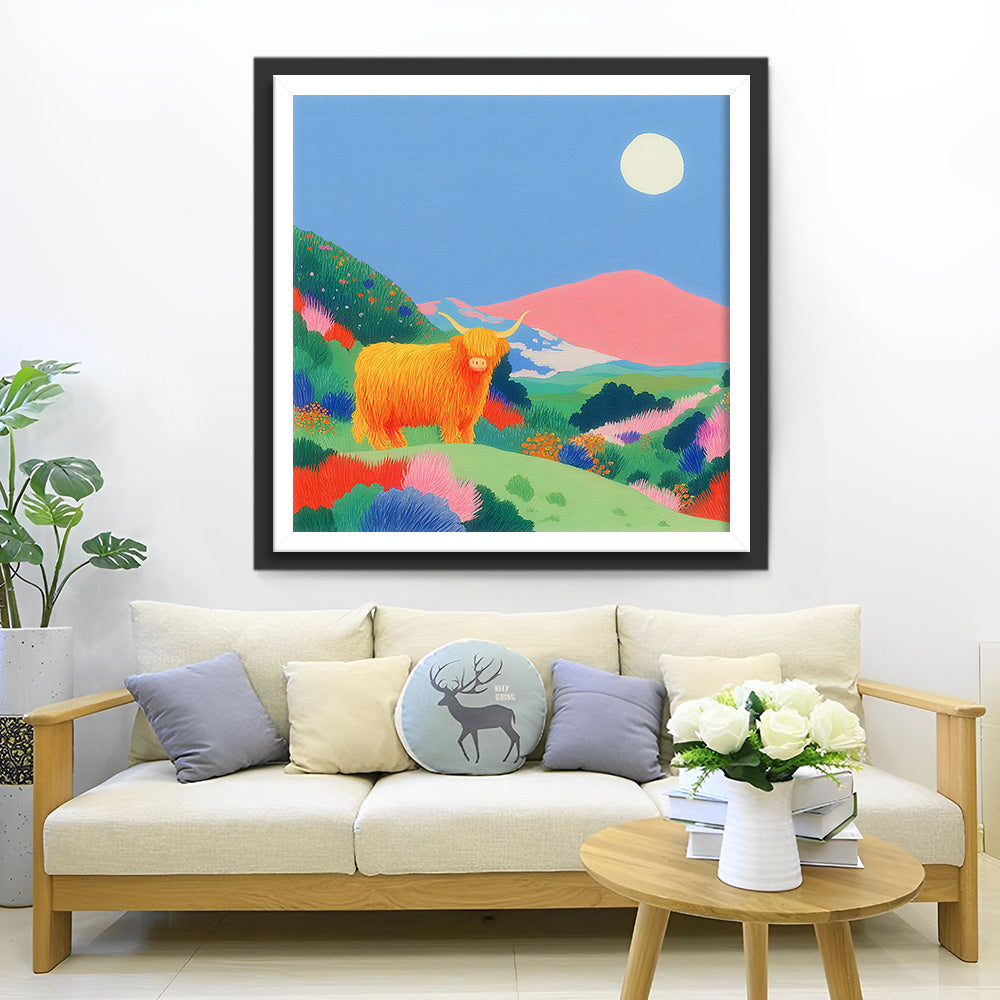 Highland Cattle sur la Colline au Printemps Broderie Diamant