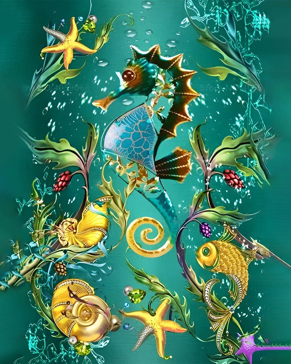 Hippocampe dans la Mer Verte Broderie Diamant
