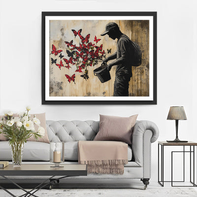 Homme et Papillons Graffiti Broderie Diamant