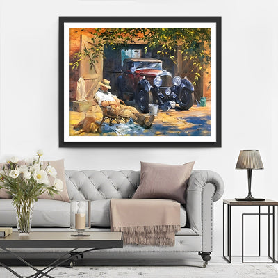 Homme et Sa Voiture Vintage Broderie Diamant