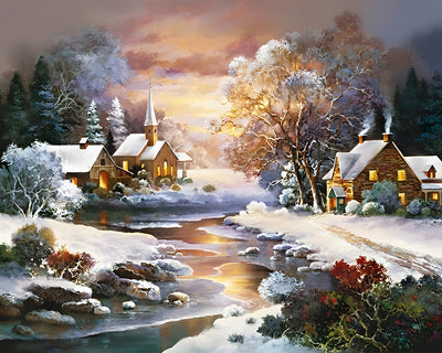 Hutes Rurales et Rivière sous la Neige Broderie Diamant