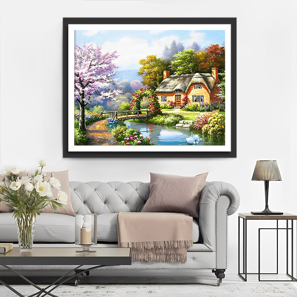 Hutte, Rivière et Pont Broderie Diamant