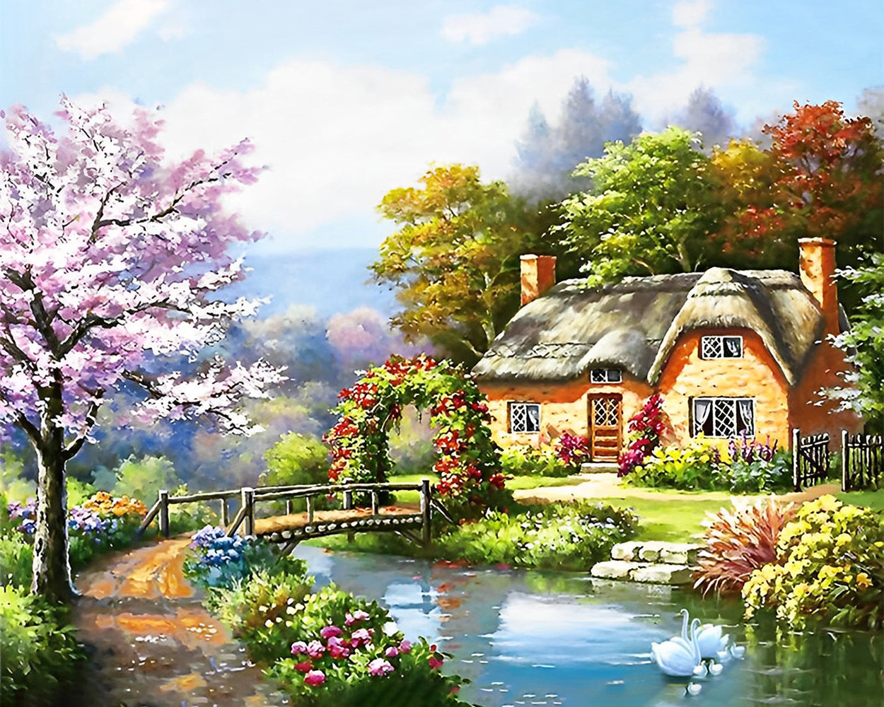 Hutte, Rivière et Pont Broderie Diamant