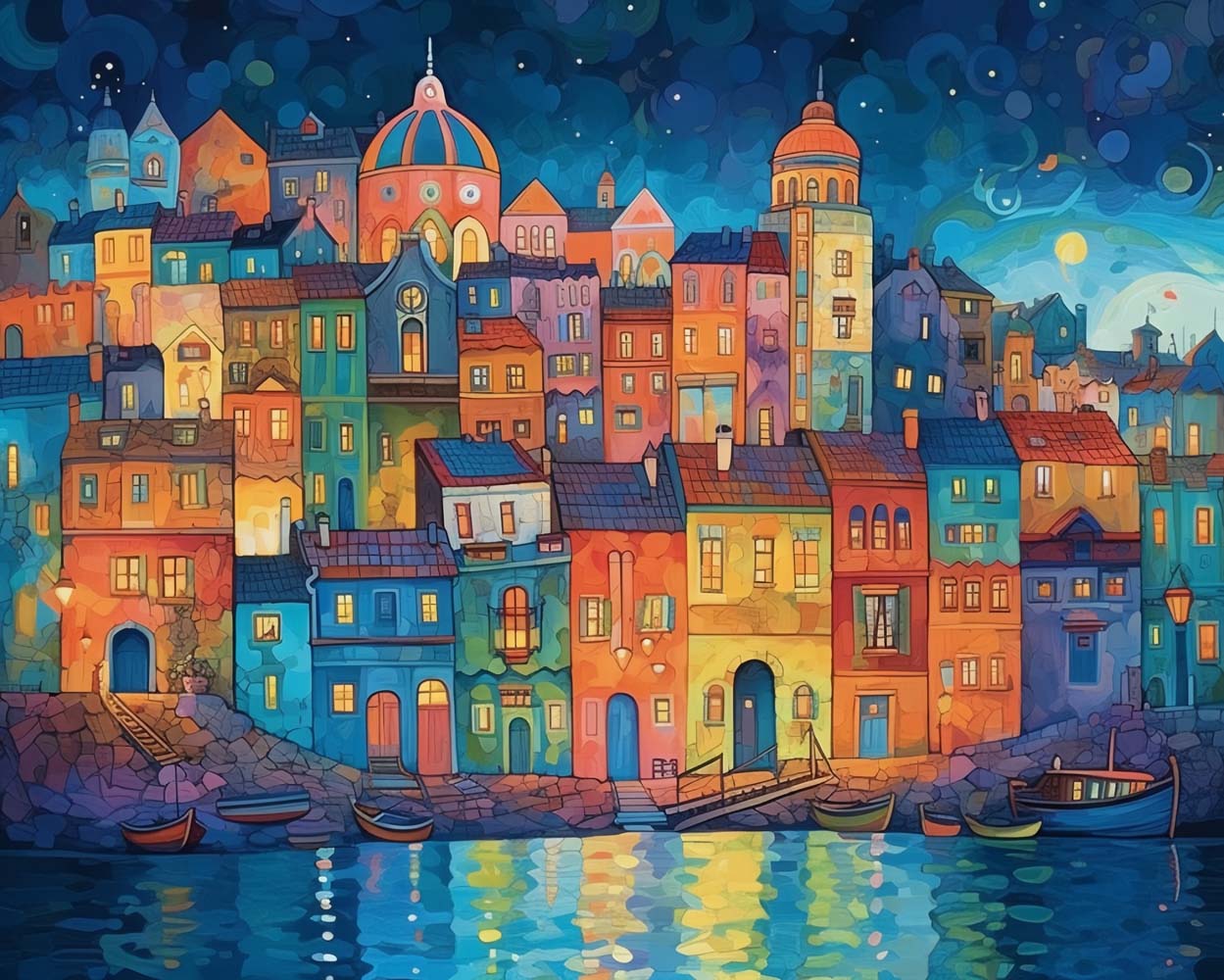 Immeubles de Dessin Animé au Bord de la Mer Broderie Diamant