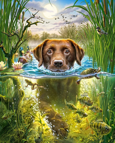 Labradors Pêchant dans l'Eau Broderie Diamant