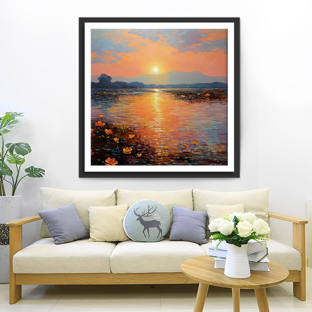 Lac aux Fleurs au Coucher du Soleil Broderie Diamant