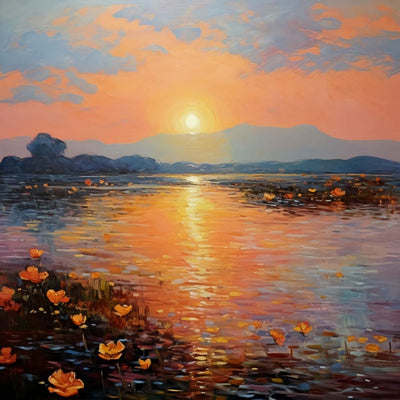 Lac aux Fleurs au Coucher du Soleil Broderie Diamant