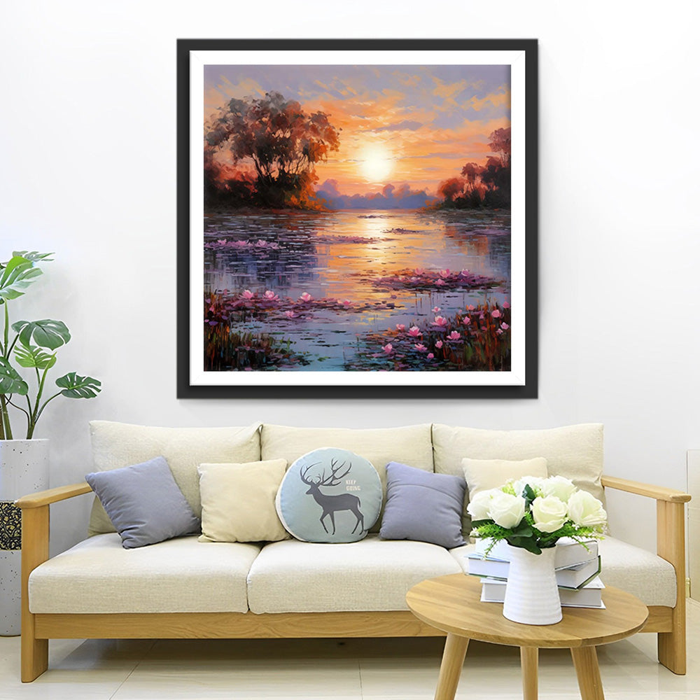 Lac aux Fleurs Roses au Coucher du Soleil Broderie Diamant