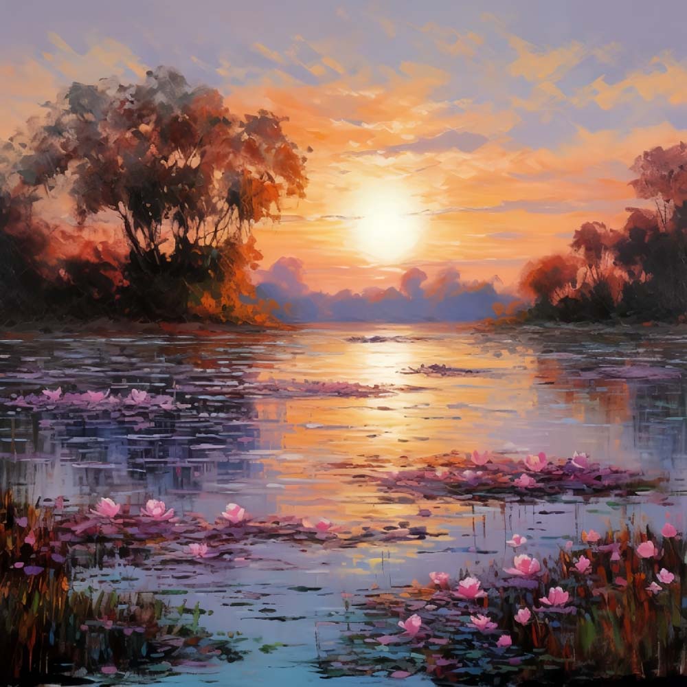 Lac aux Fleurs Roses au Coucher du Soleil Broderie Diamant