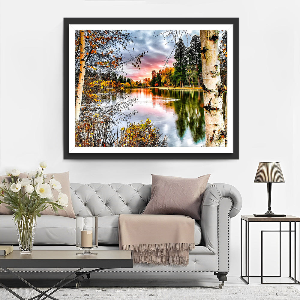 Lac Entoure par la Forêt Broderie Diamant