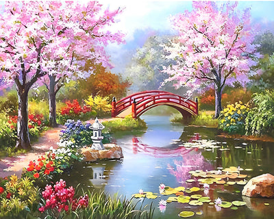 Lac, Pont et Arbre à Fleurs Roses Broderie Diamant