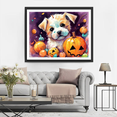 Lanternes Citrouilles d’Halloween et Chien Blanc Broderie Diamant