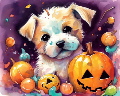 Lanternes Citrouilles d’Halloween et Chien Blanc Broderie Diamant