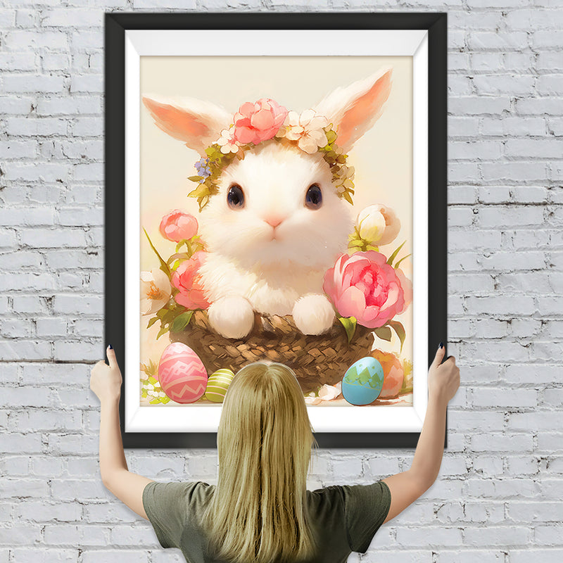 Lapin Blanc Avec des Fleurs Broderie Diamant