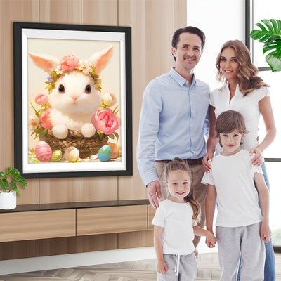 Lapin Blanc Avec des Fleurs Broderie Diamant