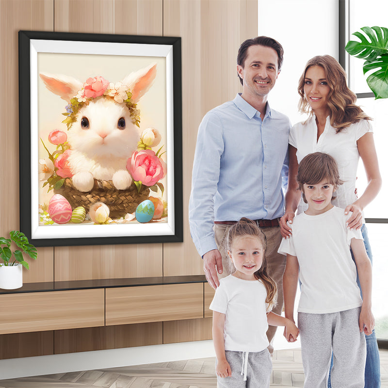 Lapin Blanc Avec des Fleurs Broderie Diamant