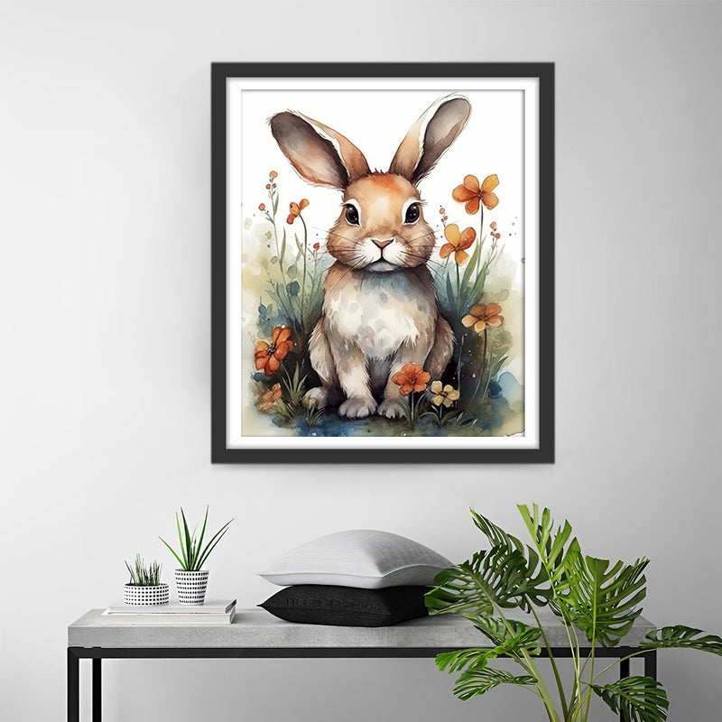 Lapin Brun et Fleurs Broderie Diamant