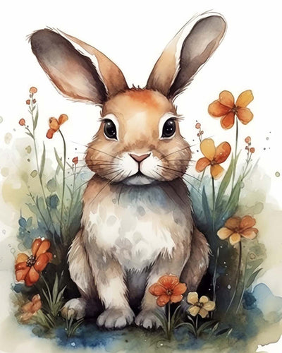 Lapin Brun et Fleurs Broderie Diamant