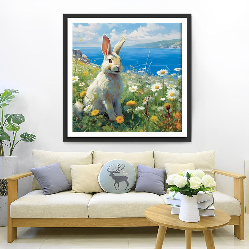 Lapin et Marguerites au Bord de la Rivière Broderie Diamant