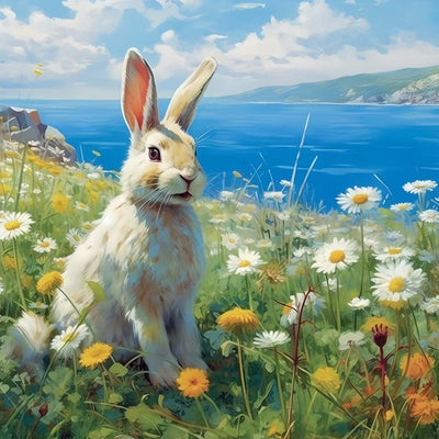 Lapin et Marguerites au Bord de la Rivière Broderie Diamant