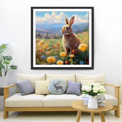Lapin et Marguerites dans le Champ Broderie Diamant
