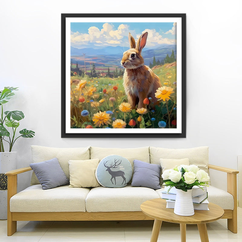 Lapin et Marguerites dans le Champ Broderie Diamant