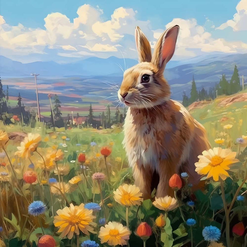 Lapin et Marguerites dans le Champ Broderie Diamant