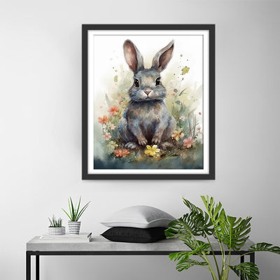 Lapin Gris et Fleurs Broderie Diamant