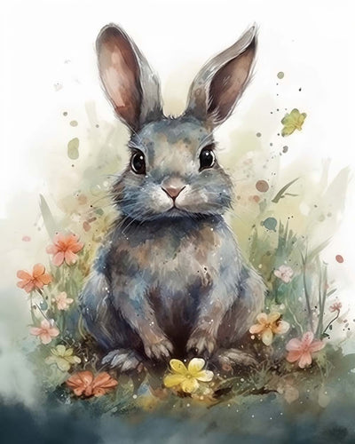 Lapin Gris et Fleurs Broderie Diamant