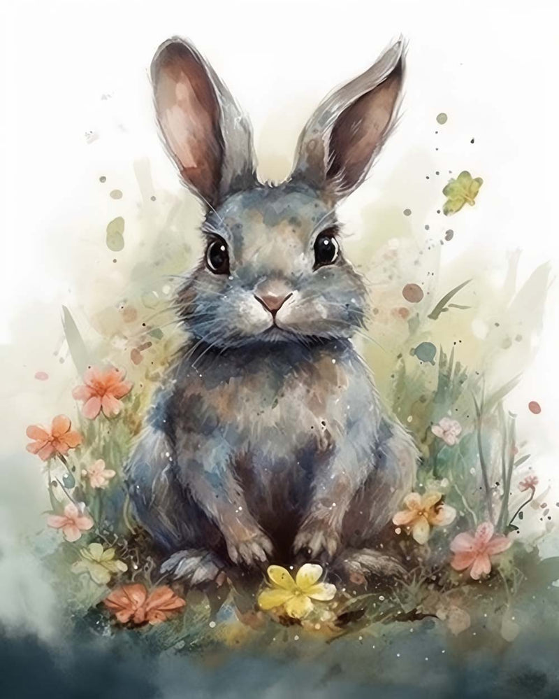 Lapin Gris et Fleurs Broderie Diamant