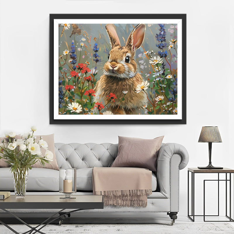Lapin Gris parmi les Fleurs Sauvages Broderie Diamant