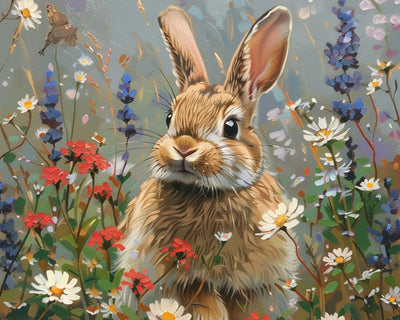 Lapin Gris parmi les Fleurs Sauvages Broderie Diamant