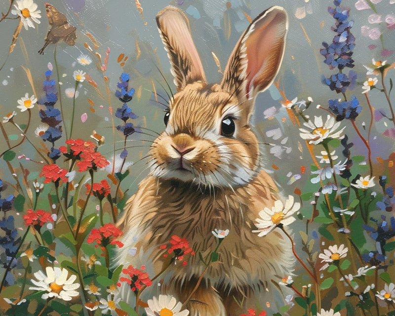 Lapin Gris parmi les Fleurs Sauvages Broderie Diamant