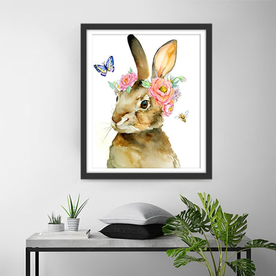 Lapin, Papillon et Fleurs Broderie Diamant