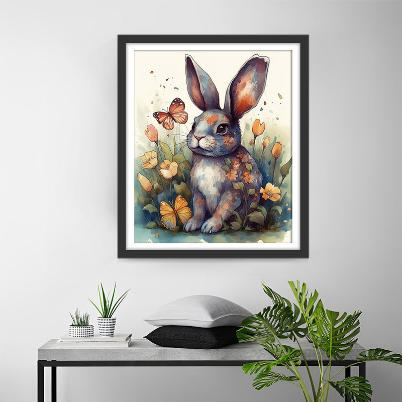 Lapin, Papillon et Fleurs Broderie Diamant