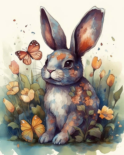 Lapin, Papillon et Fleurs Broderie Diamant
