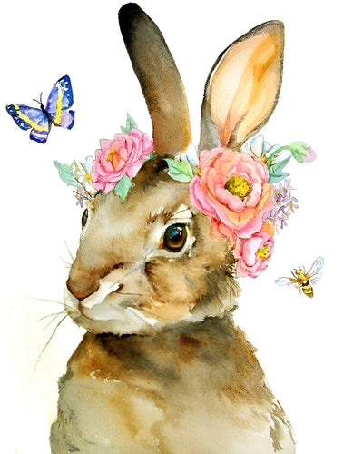 Lapin, Papillon et Fleurs Broderie Diamant