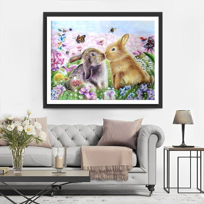 Lapins Amoureux dans un Champ Fleuri Broderie Diamant