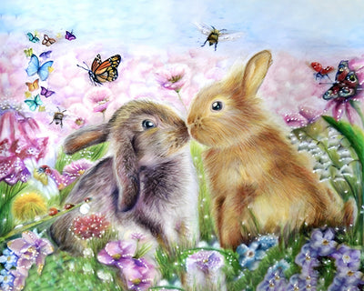 Lapins Amoureux dans un Champ Fleuri Broderie Diamant