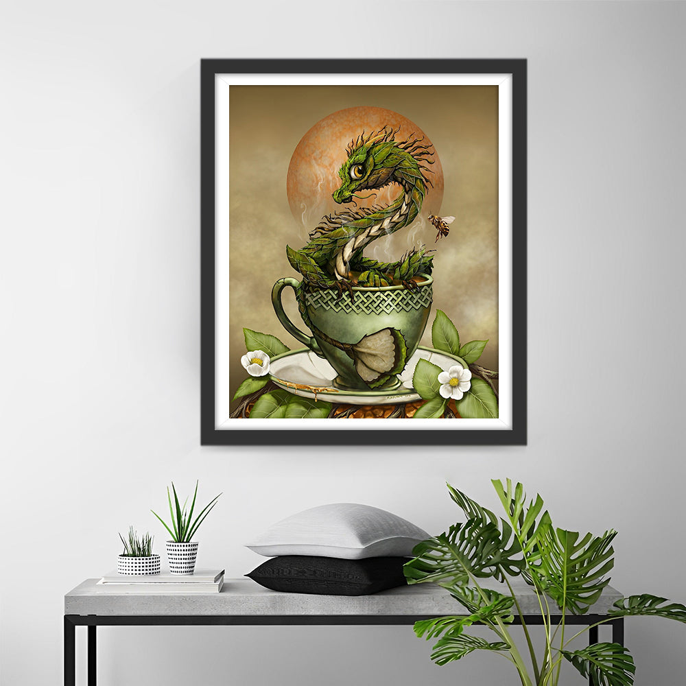 Le Petit Dragon Vert dans la Tasse à thé Broderie Diamant