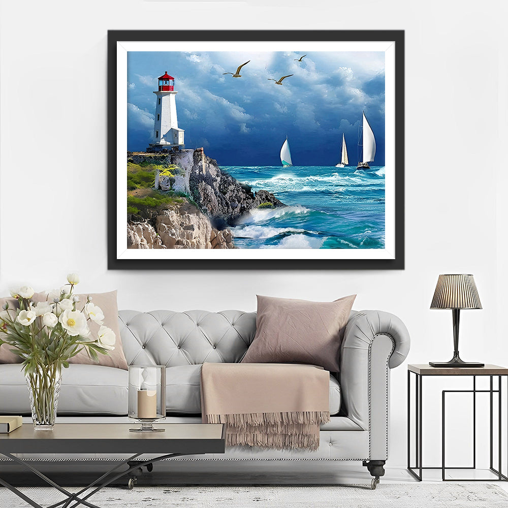 Le Phare et les Navires Blancs Broderie Diamant