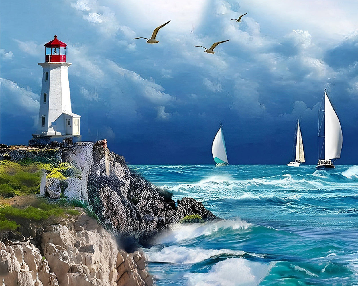 Le Phare et les Navires Blancs Broderie Diamant